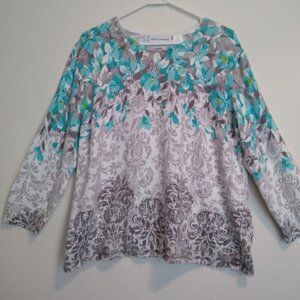 Ladies Alfred Dunner Turquoise, Gray and White Long Sleeve Floral Top Size XL